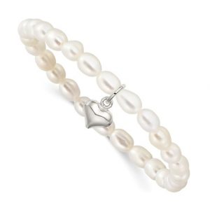 4-5MM Fresh Water Rice Pearl 5" baby Stretch Bracelet with Sterling Silver Dangle Puffed Heart