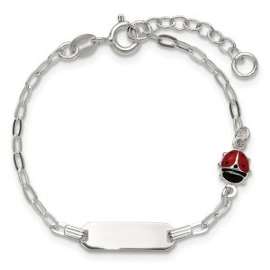 ID Bracelet with Red Enamel Ladybug Adjustable 5-6" Rolo Link Baby Bracelet Sterling Silver