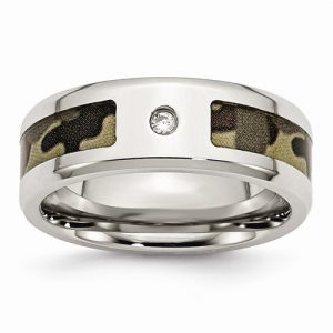 8MM Brown Camo with Cubic Zirconia Stainless Steel Wedding Band/SIZE 11
