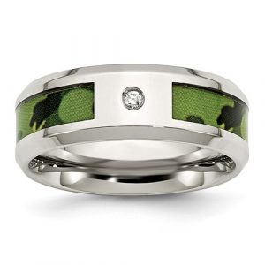 8MM Green Camo with Diamond Stainless Steel Wedding Band/Size 10