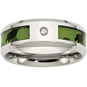 8MM Green Camo with Diamond Stainless Steel Wedding Band/Size 10