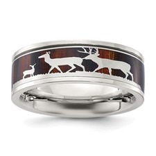 8MM Wood & Deer Inlay Stainless Steel Wedding Band/Size 10