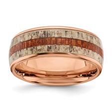 8MM Wood & Antler Inlay Rose Plated Stainless Steel Wedding Band/Size 10
