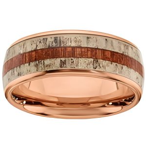 8MM Wood & Antler Inlay Rose Plated Stainless Steel Wedding Band/Size 10