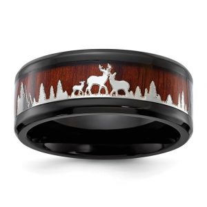 8MM Wood & Deer Inlay Wedding Band Black IP Stainless Steel /Size 10