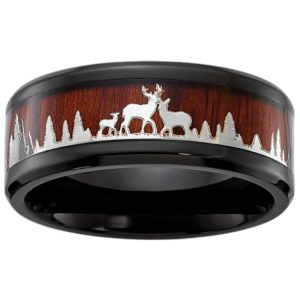 8MM Wood & Deer Inlay Wedding Band Black IP Stainless Steel /Size 10