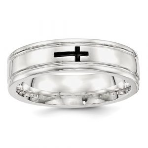 6MM Black Enamel Cross Sterling Silver Wedding Band/Size 10