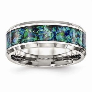 8MM Sim.Blue Opal Stainless Steel Wedding Band/Size 10.5