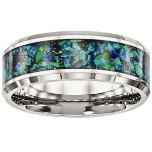 8MM Sim.Blue Opal Stainless Steel Wedding Band/Size 10.5
