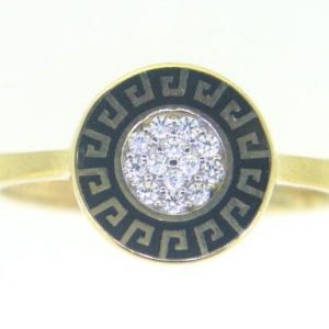 Greek Key Round Black Enamel w/ Cubic Zirconia Ladies Ring 10KT