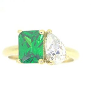 Sim. Emerald 8x6mm &  Cubic Zirconia Pear 8x6 Moi et Toi   You & Me  Ladies Ring 10KT