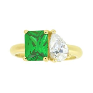 Sim. Emerald 8x6mm &  Cubic Zirconia Pear 8x6 Moi et Toi   You & Me   Ladies Ring 10KT