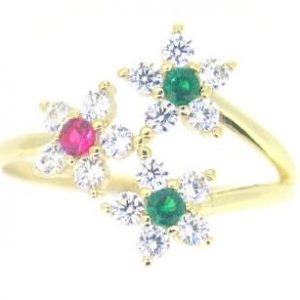 Sim. Ruby & Emerald with Cubic Zirconia Snowflake Trio Ladies Ring 10KT