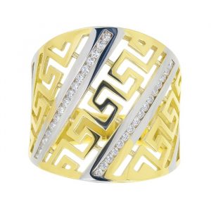 Greek Key Wide Band with Cubic Zirconia Ladies Ring 10KT/20MM