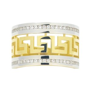 Greek Key Wide Band with Cubic Zirconia Ladies Ring 10KT TT/12MM