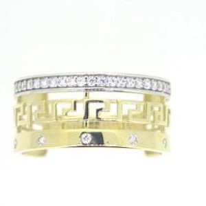 Greek Key &  Cubic Zirconia 3 Row Band Ladies Ring 10KT TT/9MM