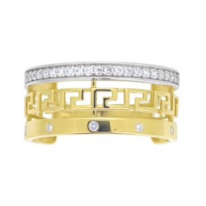 Greek Key &  Cubic Zirconia 3 Row Band Ladies Ring 10KT TT/9MM