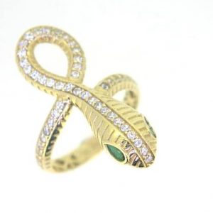Snake with Cubic Zirconia Pave & Sim. Green Eyes Ring 10KT/30MM