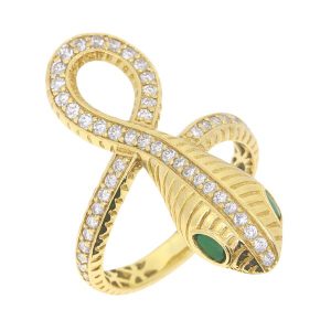 Snake with Cubic Zirconia Pave & Sim. Green Eyes Ring 10KT/30MM