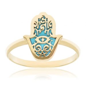 Hamsa Filigree Overlay Turquoise Enamel Ring 10KT/Size7