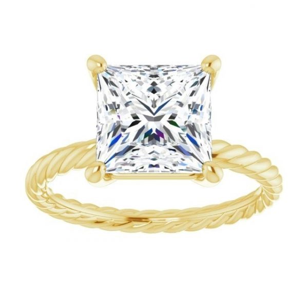 7MM Princess Cut Cubic Zirconia Solitaire Rope Twist Design Ladies Ring 10KT/2MM