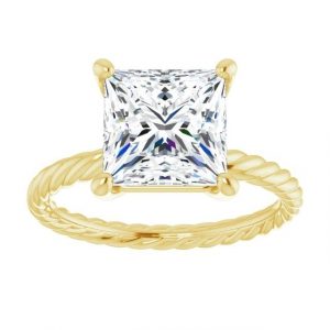 7MM Princess Cut Cubic Zirconia Solitaire Rope Twist Design Ladies Ring 10KT/2MM