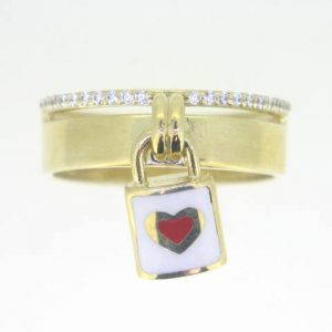 6MM Band with Cubic Zirconia & Dangle Enamel Heart Padlock Ring 10KT   *CLEARANCE-FINAL SALE*