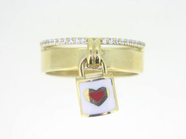 6MM Band with Cubic Zirconia & Dangle Enamel Heart Padlock Ring 10KT   *CLEARANCE-FINAL SALE*