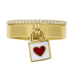 6MM Band with Cubic Zirconia & Dangle Enamel Heart Padlock Ring 10KT   *CLEARANCE-FINAL SALE*