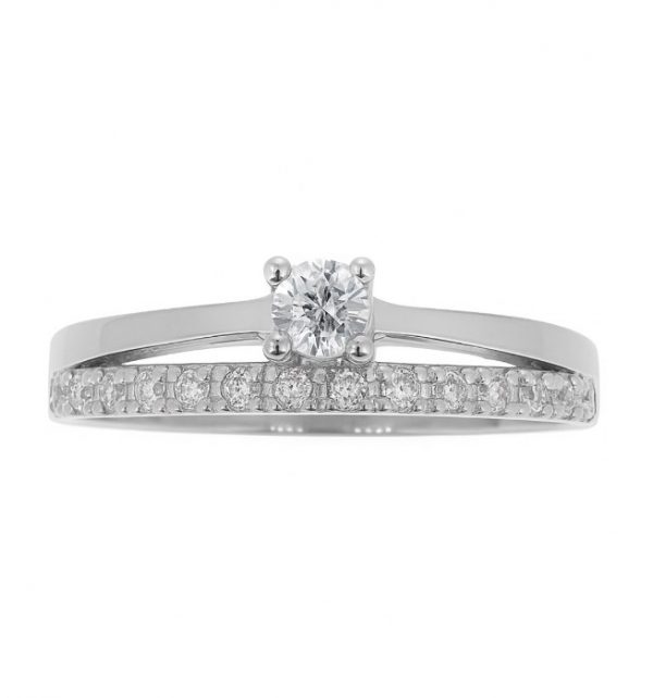 Cubic Zirconia Solitaire & Pave Band 1Pce Ladies Ring 10KT WG
