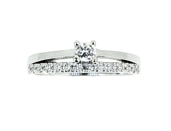 Cubic Zirconia Solitaire & Pave Band 1Pce Ladies Ring 10KT WG