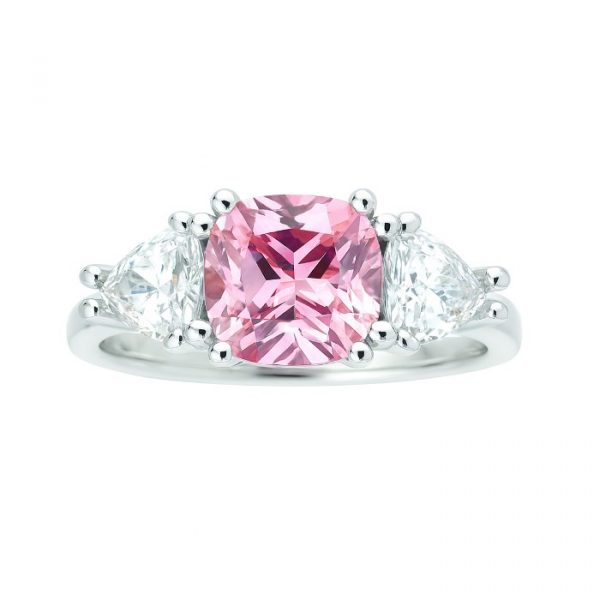 Pink Cubic Zirconia Cushion Cut 7MM with Cubic Zirconia Trillion Accents Ladies Ring 10KT WG