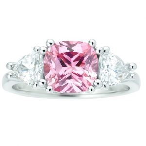 Pink Cubic Zirconia Cushion Cut 7MM with Cubic Zirconia Trillion Accents Ladies Ring 10KT WG