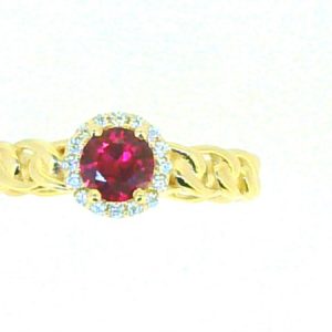 Sim. Ruby 5mm &  Cubic Zirconia Halo Link Style Band Ladies Ring 10KT