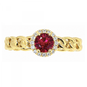 Sim. Ruby 5mm &  Cubic Zirconia Halo Link Style Band Ladies Ring 10KT