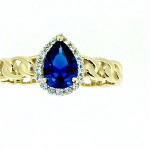 Sim. Sapphire Pear 7x5mm &  Cubic Zirconia Halo Link Style Band Ladies Ring 10KT