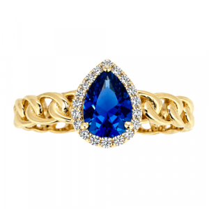 Sim. Sapphire Pear 7x5mm &  Cubic Zirconia Halo Link Style Band Ladies Ring 10KT