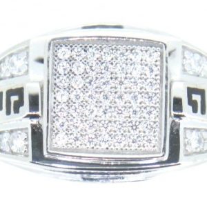 Cubic Zirconia Pave & Black Enamel Greek Key Gents Ring 10KT WG **CLEARANCE-FINAL SALE**