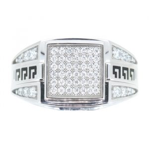 Cubic Zirconia Pave & Black Enamel Greek Key Gents Ring 10KT WG **CLEARANCE-FINAL SALE**