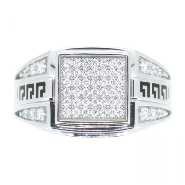 Cubic Zirconia Pave & Black Enamel Greek Key Gents Ring 10KT WG     **CLEARANCE-FINAL SALE**