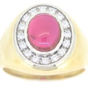 Sim. Ruby Oval Cabochon & Cubic Zirconia Gents Ring 10KT **CLEARANCE-FINAL SALE**
