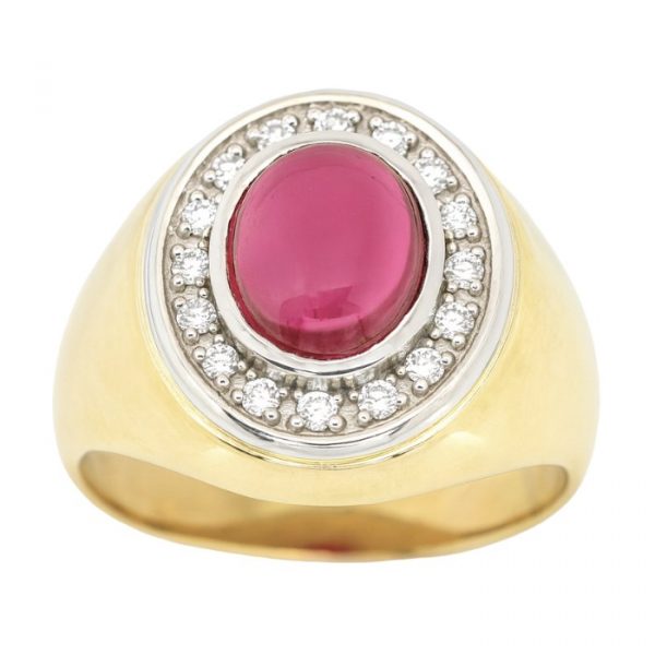 Sim. Ruby Oval Cabochon & Cubic Zirconia Gents Ring 10KT    **CLEARANCE-FINAL SALE**