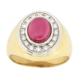 Sim. Ruby Oval Cabochon & Cubic Zirconia Gents Ring 10KT    *CLEARANCE-FINAL SALE*