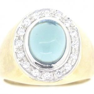 Sim. Blue Topaz Oval Cabochon & Cubic Zirconia Gents Ring 10KT **CLEARANCE-FINAL SALE**