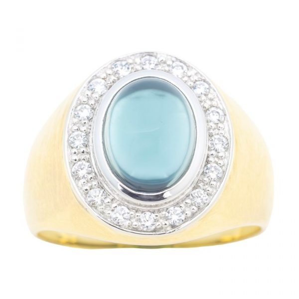 Sim. Blue Topaz Oval Cabochon & Cubic Zirconia Gents Ring 10KT     **CLEARANCE-FINAL SALE**