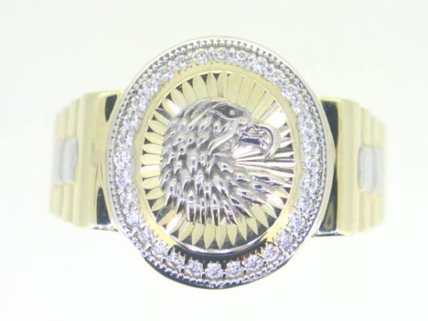 Oval D.Cut Star Burst Design Eagle Head & Cubic Zirconia Gents Ring 10KT TT/17MM   *CLEARANCE-FINAL SALE*
