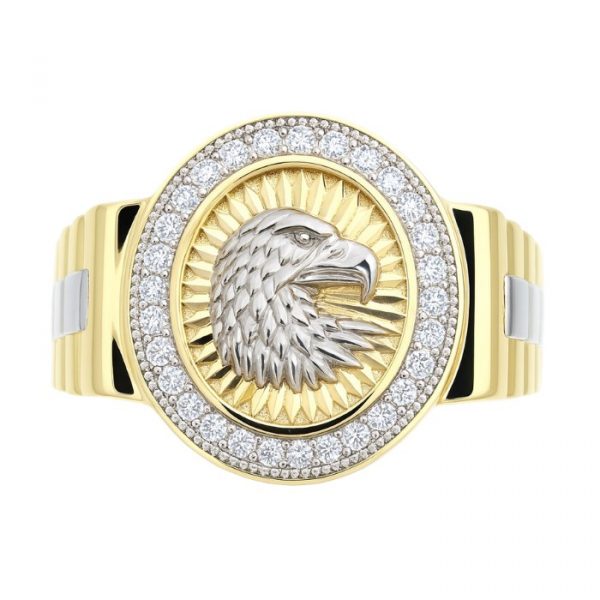 Oval D.Cut Star Burst Design Eagle Head & Cubic Zirconia Gents Ring 10KT TT/17MM  *CLEARANCE-FINAL SALE*