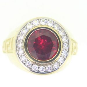 Sim. Red Stone 10mm & Cubic Zirconia Greek Key Gents Ring 10KT  *CLEARANCE-FINAL SALE*