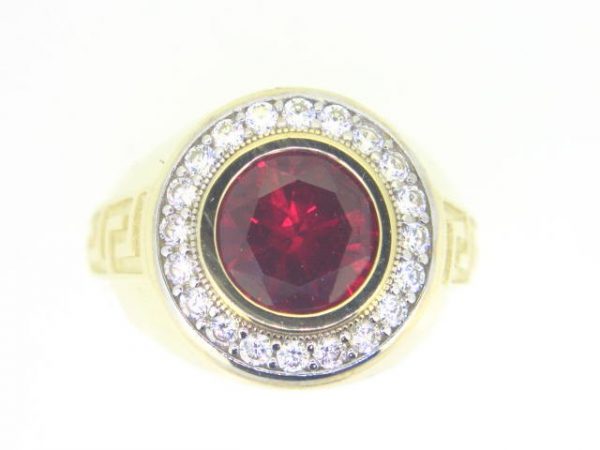 Sim. Red Stone 10mm & Cubic Zirconia Greek Key Gents Ring 10KT  *CLEARANCE-FINAL SALE*