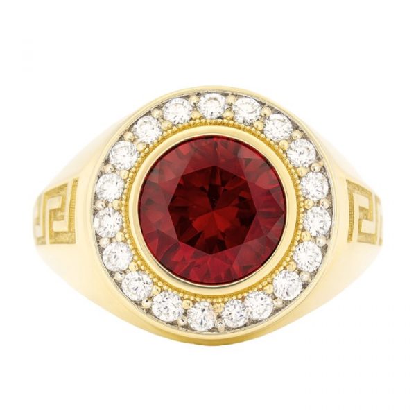 Sim. Red Stone 10mm & Cubic Zirconia Greek Key Gents Ring 10KT  *CLEARANCE-FINAL SALE*